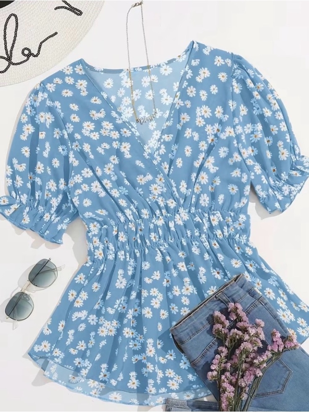 Blue Daisy Print Peplum Top